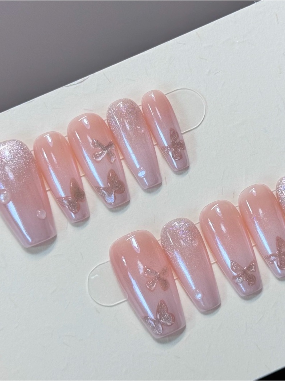 Hand made Pink Pearl Press-On Nails with Glitter & Butterfly Accents